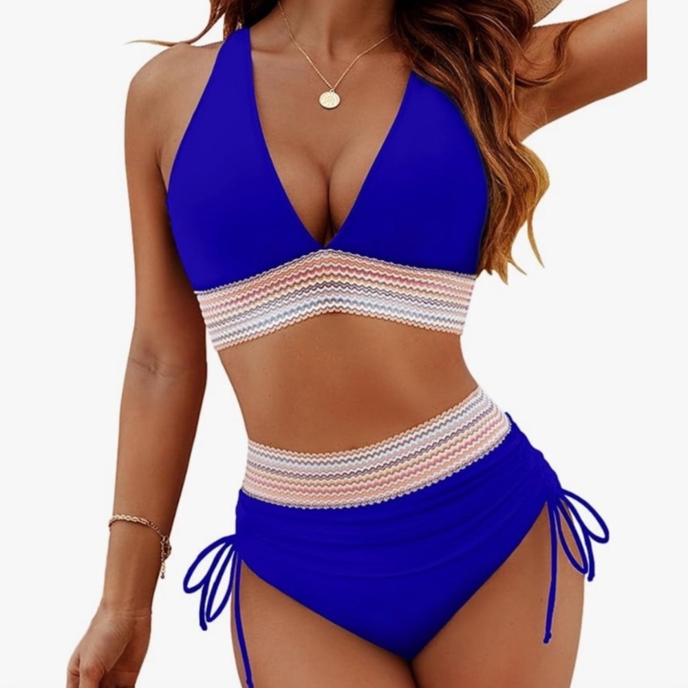 Blooming Jelly High Waisted Tummy Control Color Block Bikini Swimsuit. Large